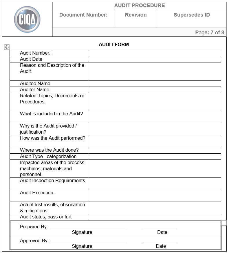 CIQA audit report form template