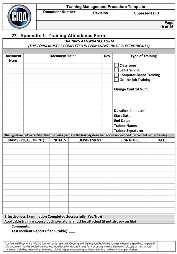 Training Record Form - Print Screen